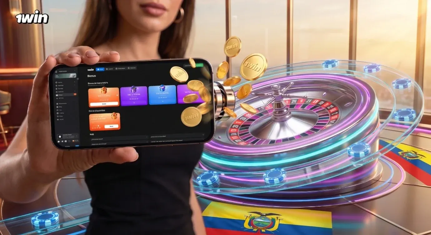 Mujer muestra en su celular la sección de bonos de 1win junto a una ruleta iluminada, monedas doradas y la bandera de Ecuador
